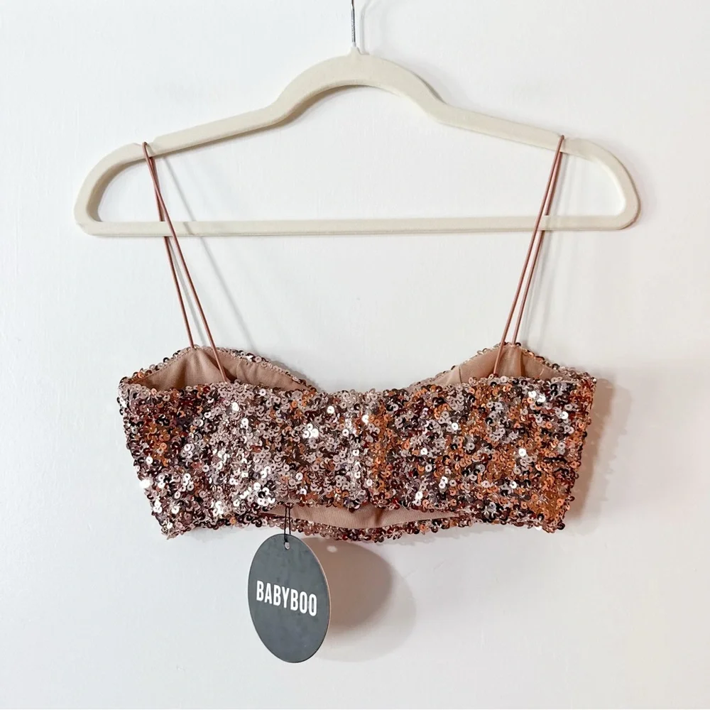 Babyboo Melissa Top & Skirt Set Sequin Bronze Crop Mini Size Small NWT